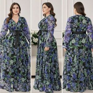 Chic Long Sleeve Floral Dress in Blue and Green